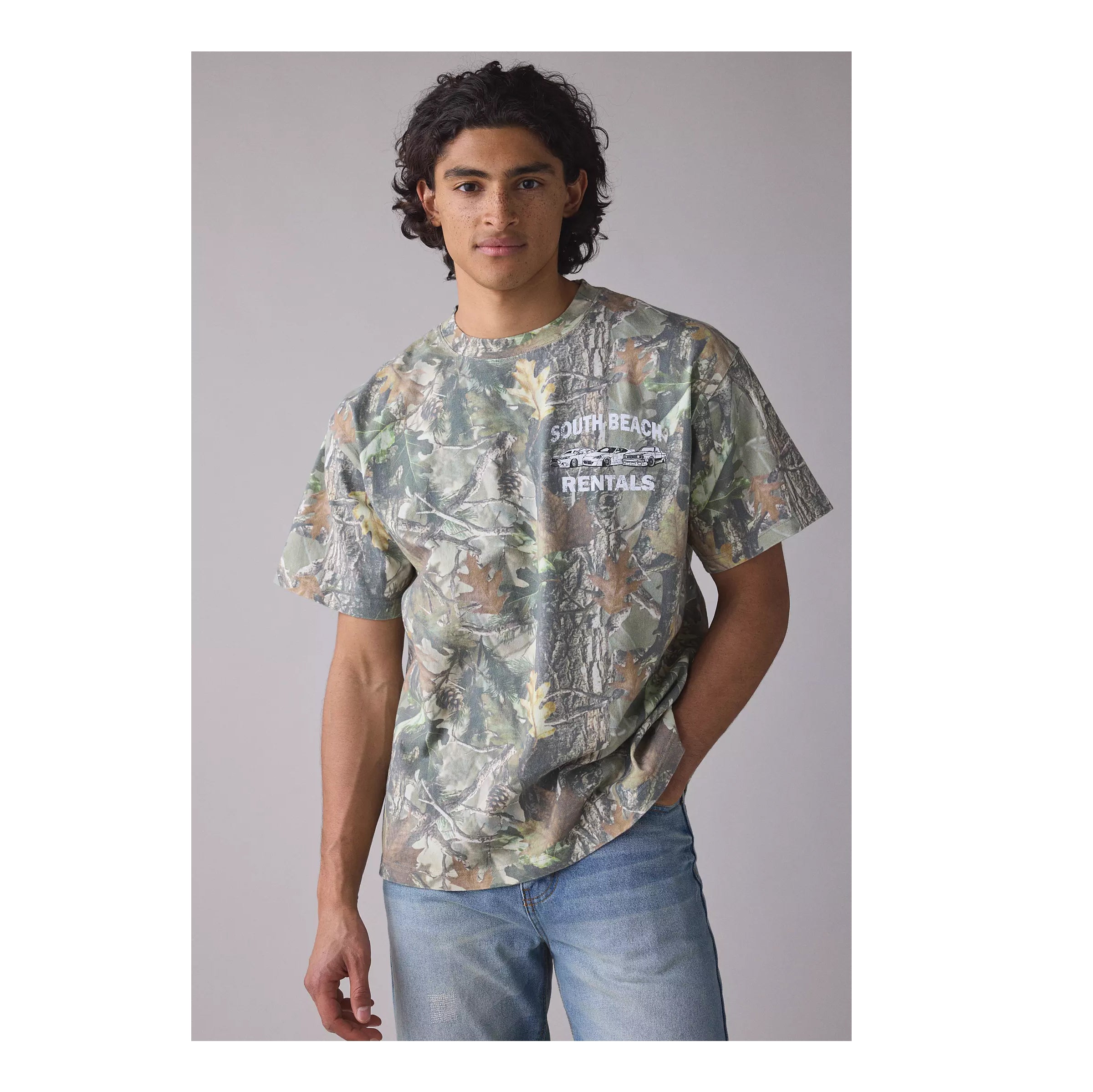 G-South Beach Rentals Graphic Oversized Camo Tee – Heavyweight Cotton Car Graphic T-Shirt