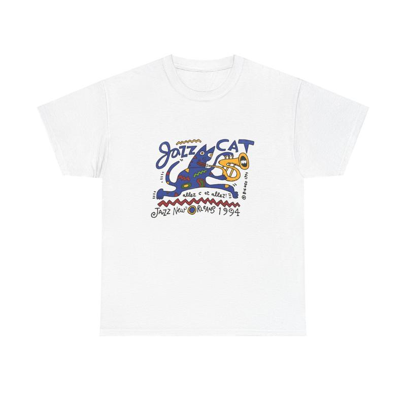Jazz Cat Graphic T-Shirt – Retro Cartoon Cat Playing Sax | Vintage Jazz Aesthetic Tee