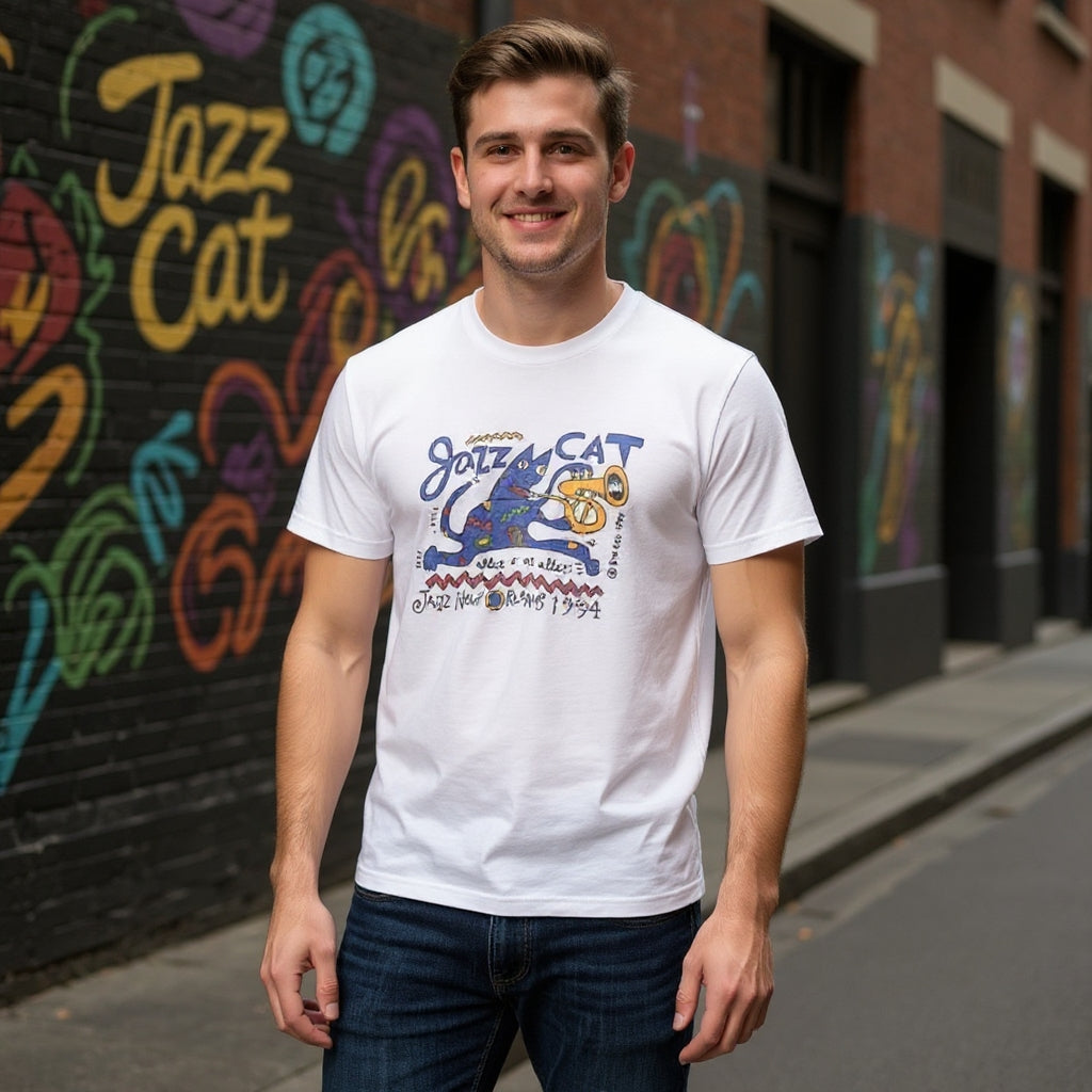 Jazz Cat Graphic T-Shirt – Retro Cartoon Cat Playing Sax | Vintage Jazz Aesthetic Tee