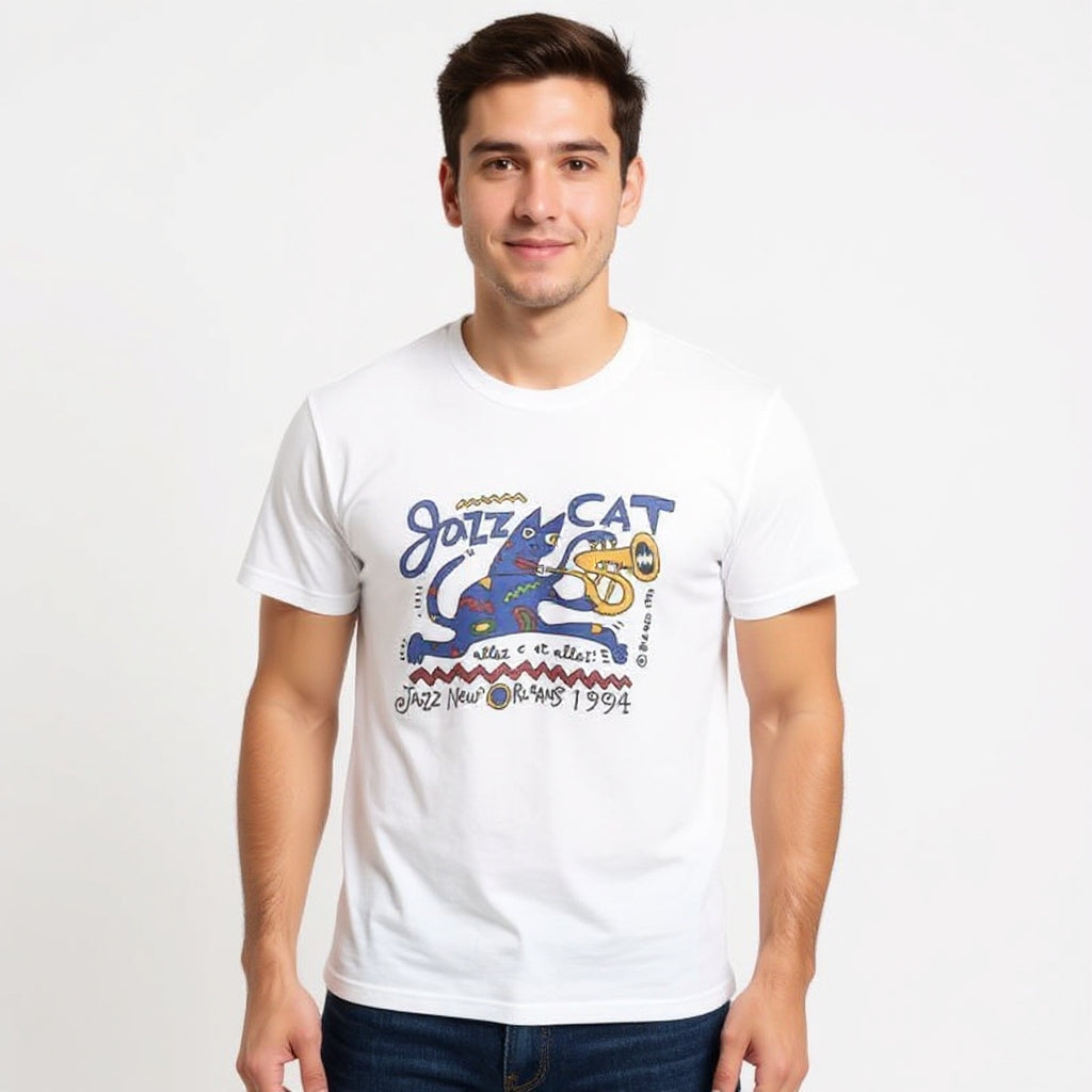 Jazz Cat Graphic T-Shirt – Retro Cartoon Cat Playing Sax | Vintage Jazz Aesthetic Tee